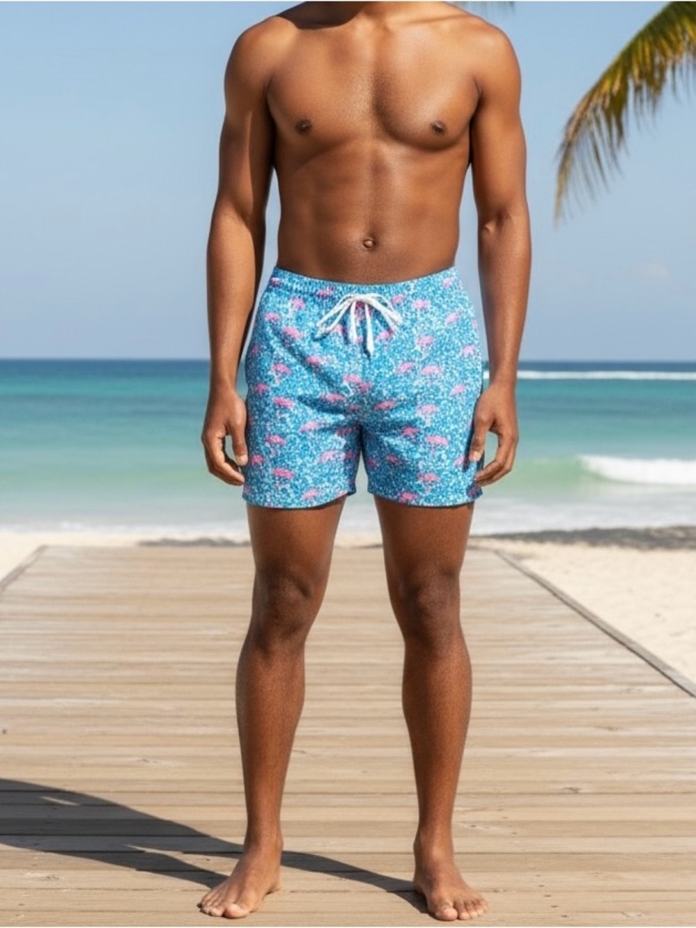 CHUBBIES Bright Blue Flamingo Print Classic Lined 5.5-Inch Swim Trunks Sz S